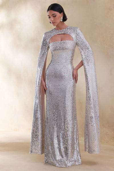 sequin cape dress Devora Silver Sequin Crew-Neck Maxi Dress With Cape Sleeves – Club L London