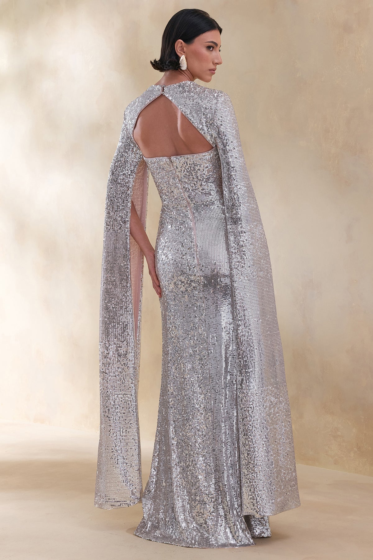 Devora Silver Sequin Crew-Neck Maxi Dress With Cape Sleeves Club L London - USA Devora Silver Sequin Crew-Neck Maxi Dress With Cape Sleeves Club L London - USA