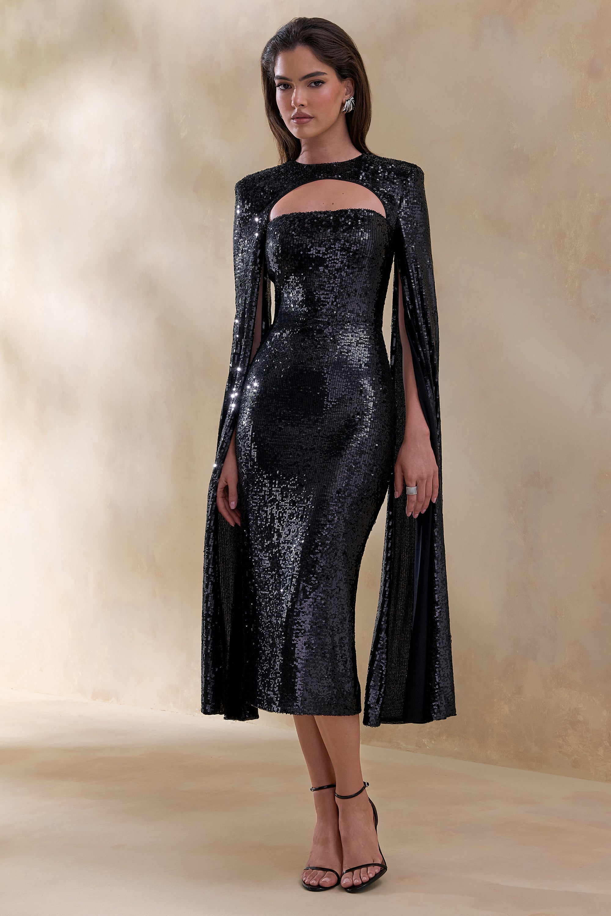 black sparkly midi dress with sleeves Black slim fit long-sleeved Midi Dress Black / M