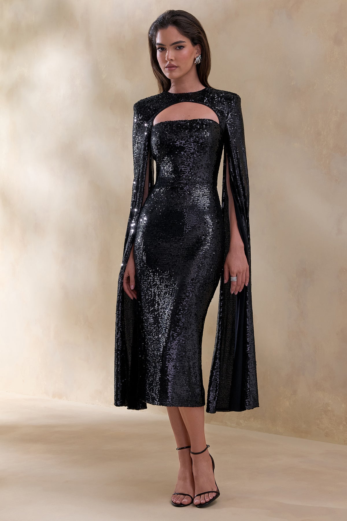 Adeline Black Sequin Crew-Neck Midi Dress With Cape Sleeves Club L London - USA Adeline Black Sequin Crew-Neck Midi Dress With Cape Sleeves Club L London - USA