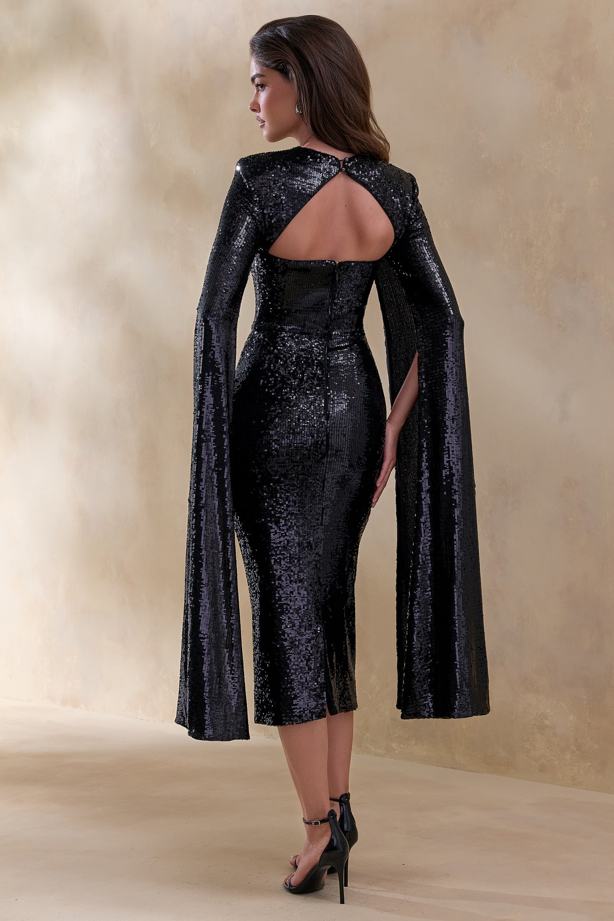 Adeline Black Sequin Crew-Neck Midi Dress With Cape Sleeves – Club L London Adeline Black Sequin Crew-Neck Midi Dress With Cape Sleeves – Club L London