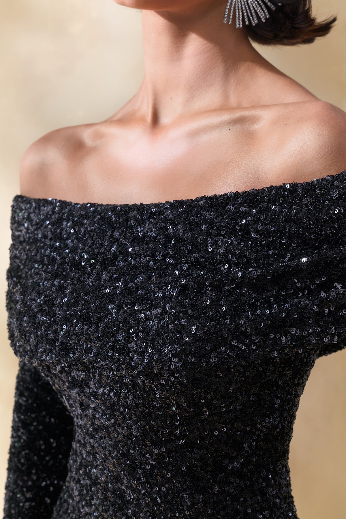 black sequin off the shoulder dress Obsession Black Sequin Bardot-Neck Maxi Dress With Long Sleeves – Club L London