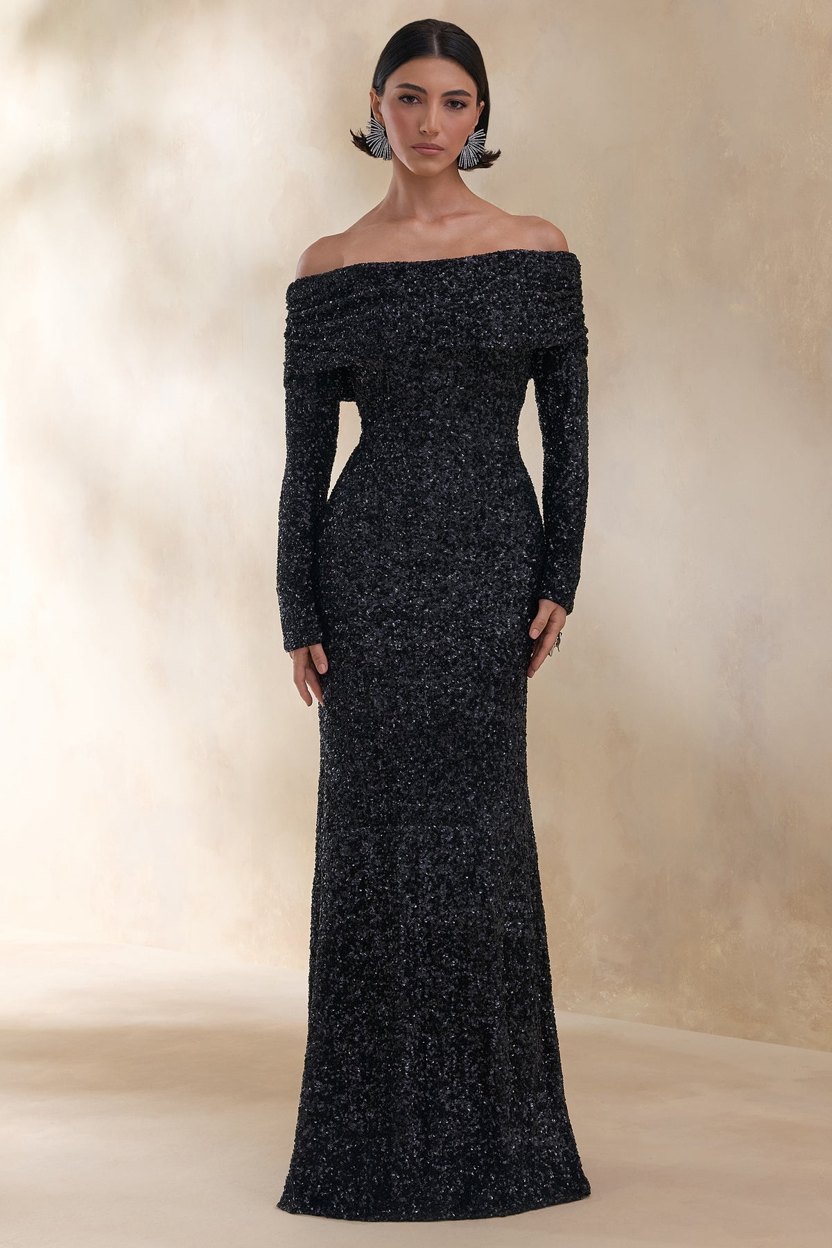Obsession | Black Sequin Bardot-Neck Maxi Dress With Long Sleeves - UK 14 Black Obsession | Black Sequin Bardot-Neck Maxi Dress With Long Sleeves - UK 14 Black