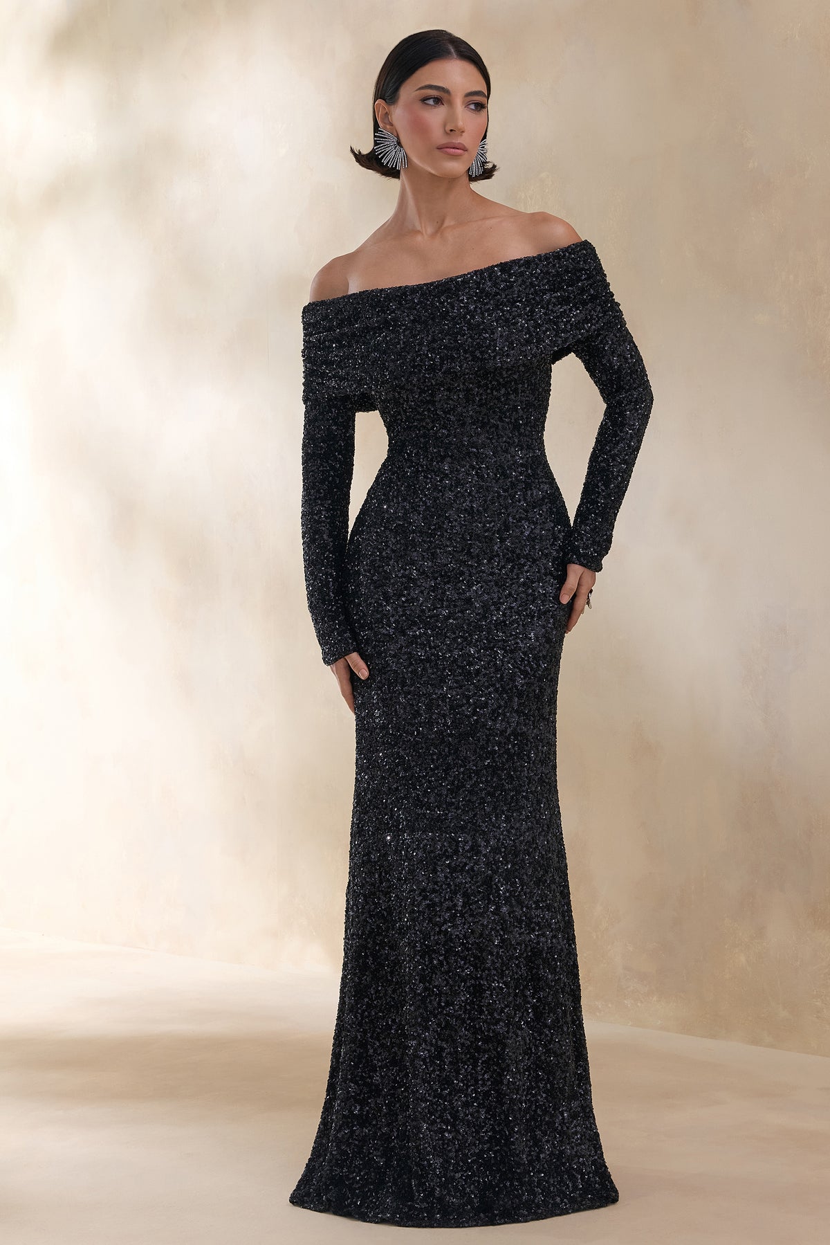 Obsession | Black Sequin Bardot-Neck Maxi Dress With Long Sleeves - UK 14 Black Obsession | Black Sequin Bardot-Neck Maxi Dress With Long Sleeves - UK 14 Black