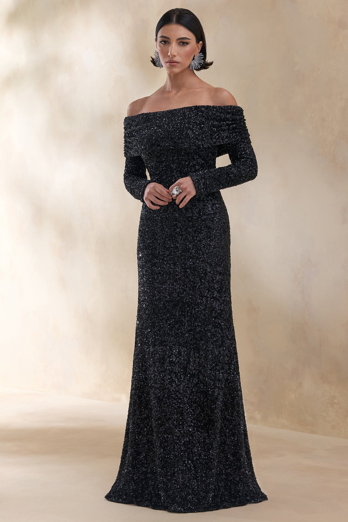 Obsession | Black Sequin Bardot-Neck Maxi Dress With Long Sleeves - UK 8 Black Obsession | Black Sequin Bardot-Neck Maxi Dress With Long Sleeves - UK 8 Black