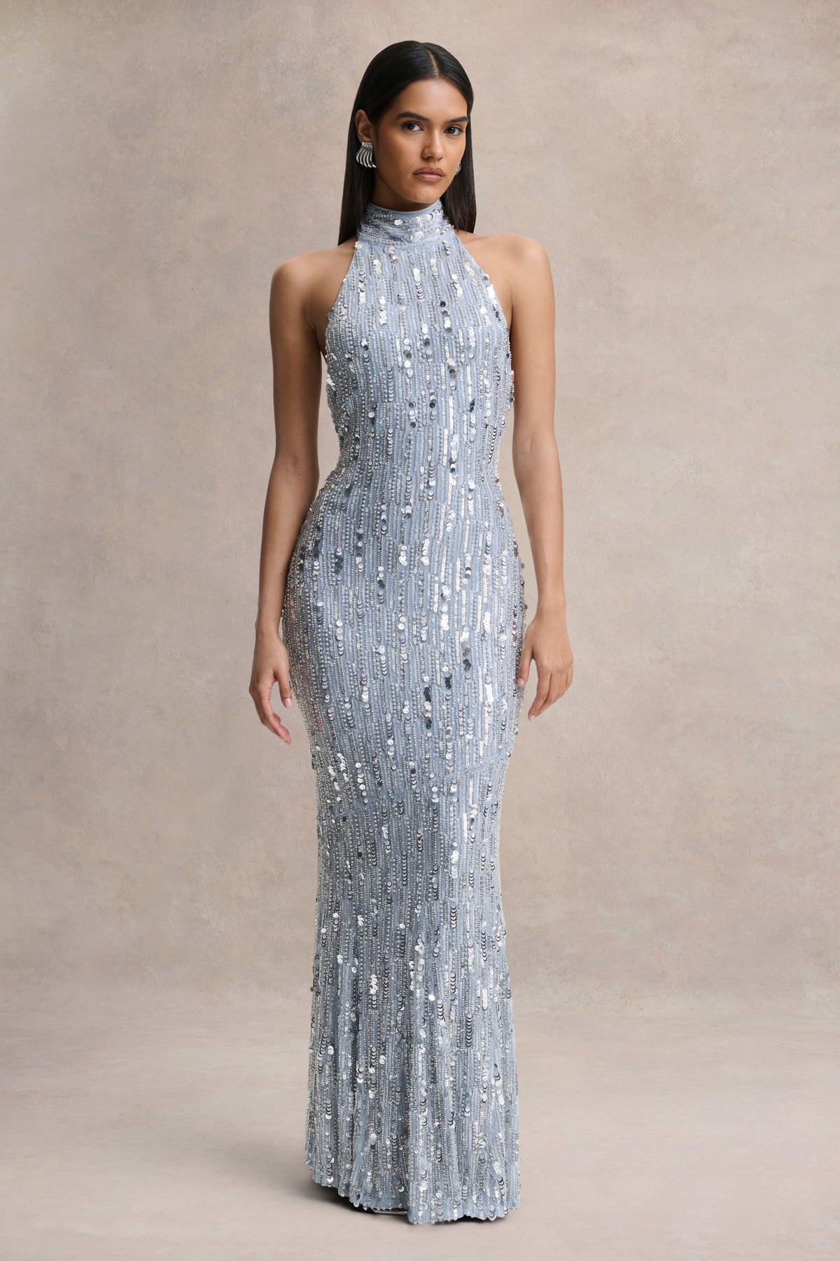 Zaira Silver Sequin High-Neck Maxi Dress With Open-Back Club L London - USA Zaira Silver Sequin High-Neck Maxi Dress With Open-Back Club L London - USA