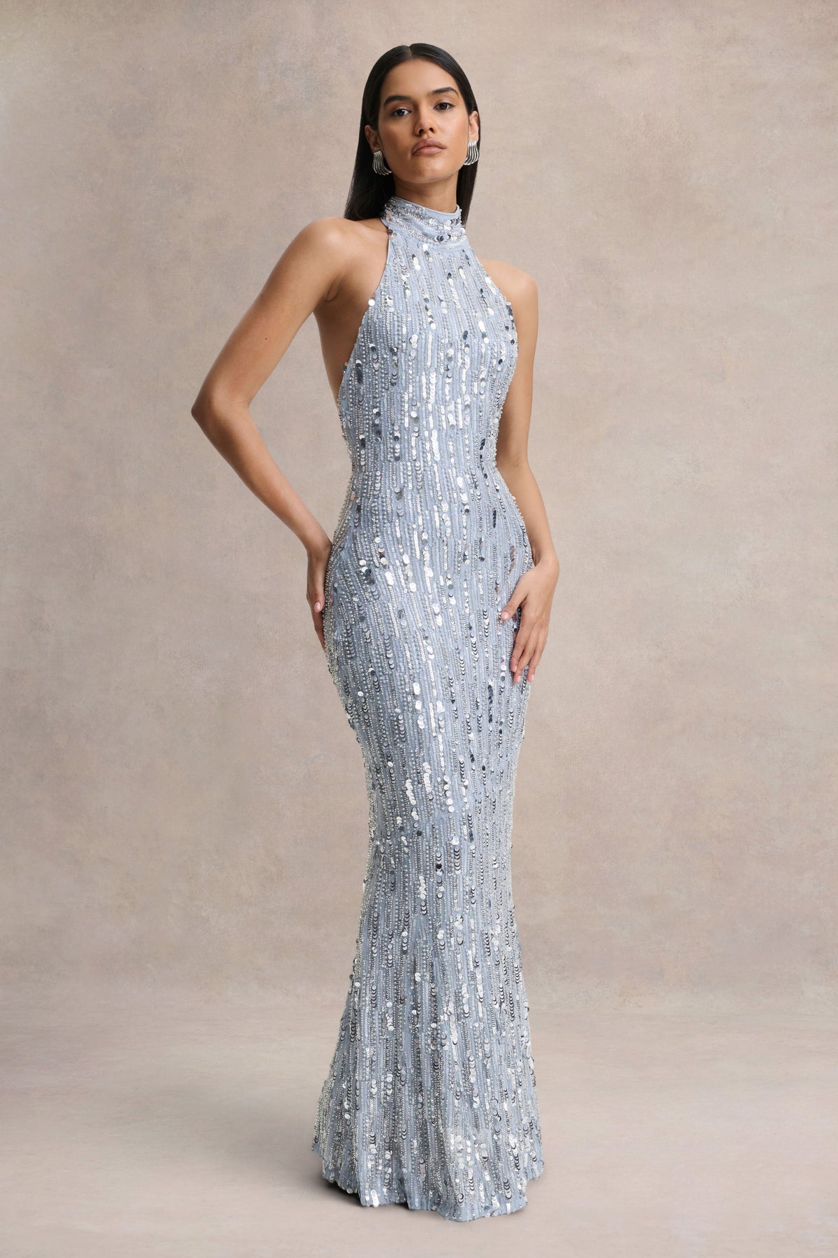 Zaira | Silver Sequin High-Neck Maxi Dress With Open-Back - UK 12 Silver Zaira | Silver Sequin High-Neck Maxi Dress With Open-Back - UK 12 Silver