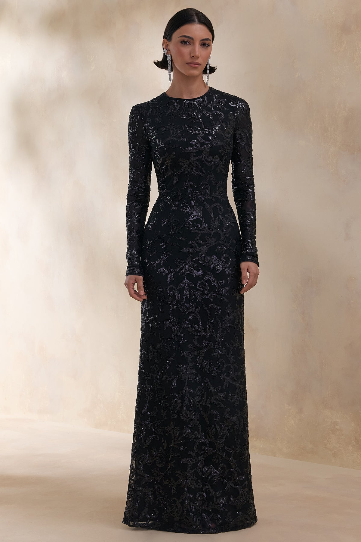 Stellar | Black Embellished Lace High-Neck Maxi Dress With Long Sleeves - UK 12 Black Stellar | Black Embellished Lace High-Neck Maxi Dress With Long Sleeves - UK 12 Black
