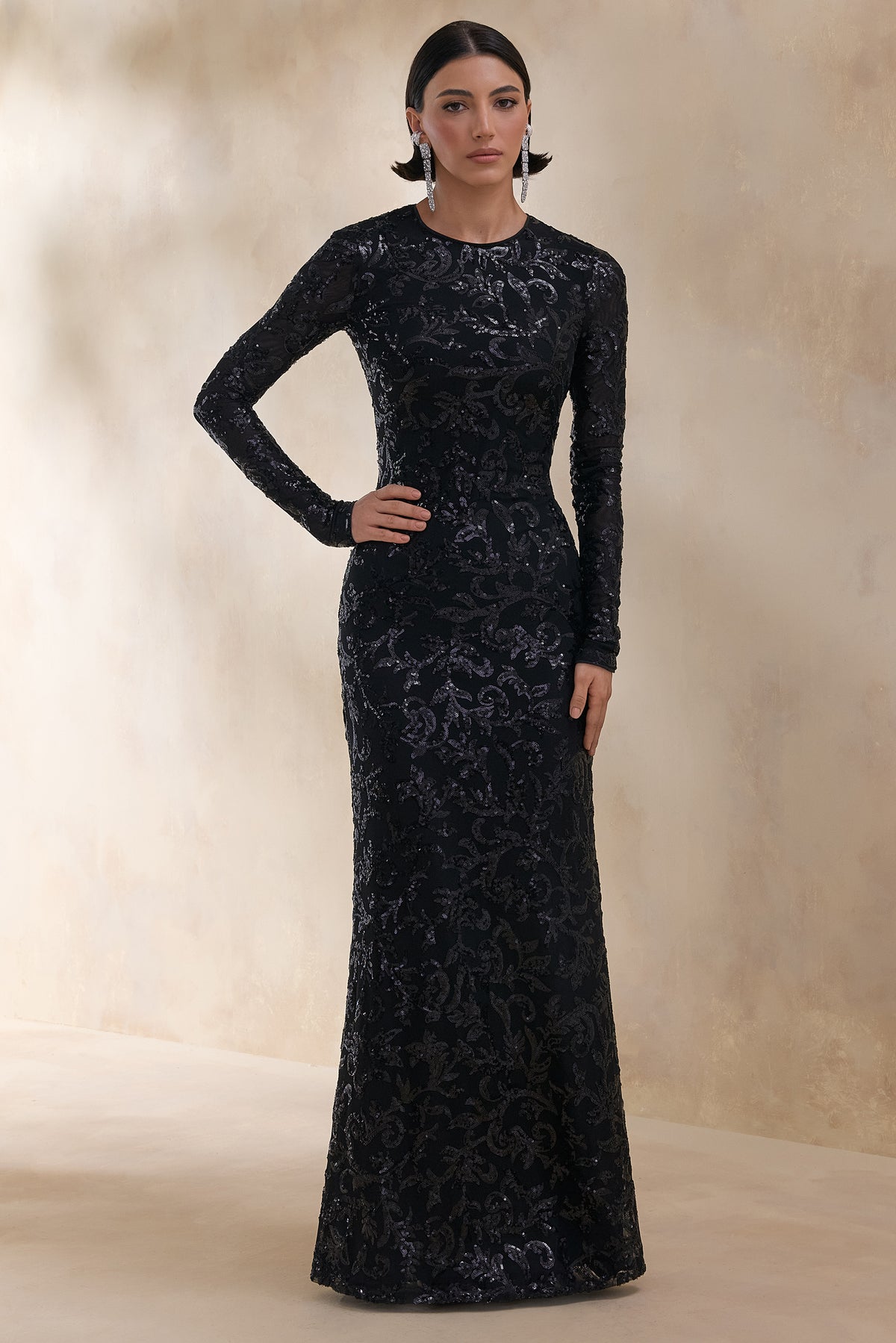 Stellar Black Embellished Lace High-Neck Maxi Dress With Long Sleeve Club L London - USA Stellar Black Embellished Lace High-Neck Maxi Dress With Long Sleeve Club L London - USA