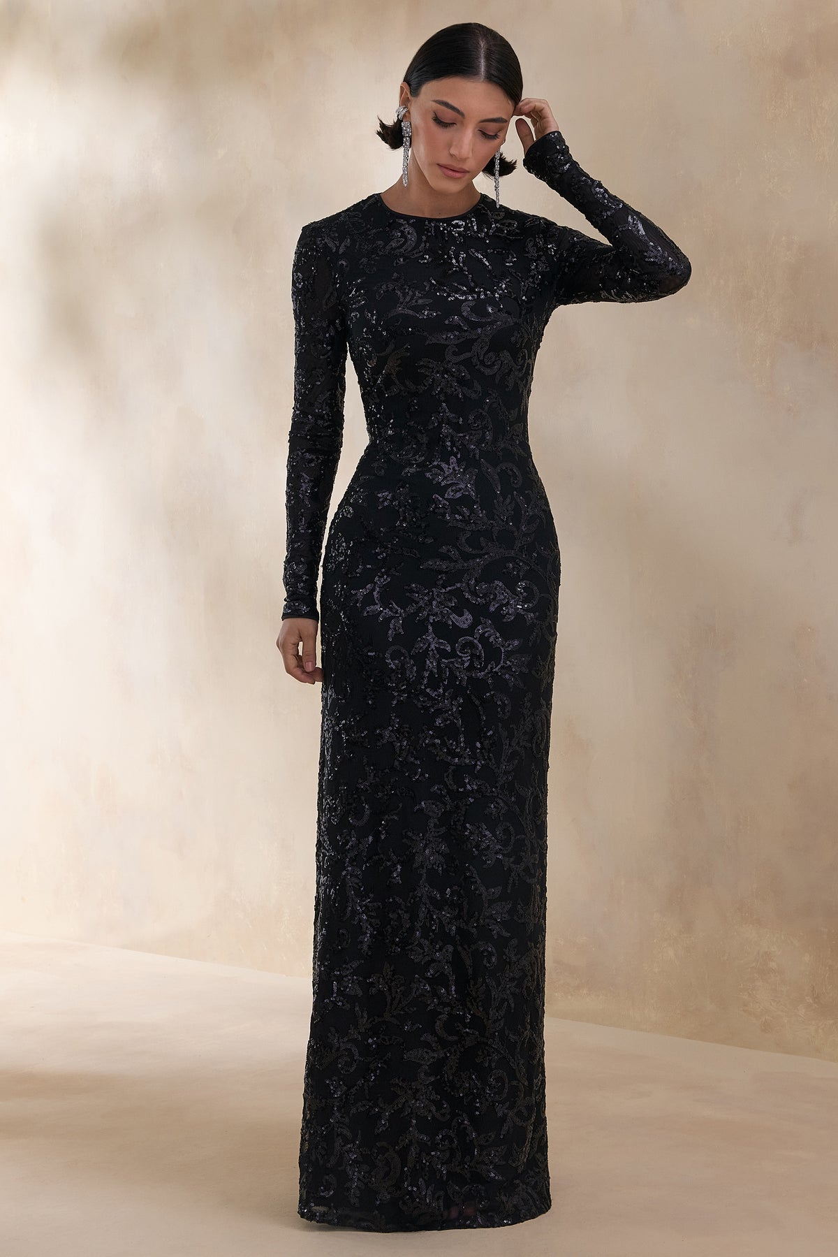Stellar Black Embellished Lace High-Neck Maxi Dress With Long Sleeve Club L London - USA Stellar Black Embellished Lace High-Neck Maxi Dress With Long Sleeve Club L London - USA