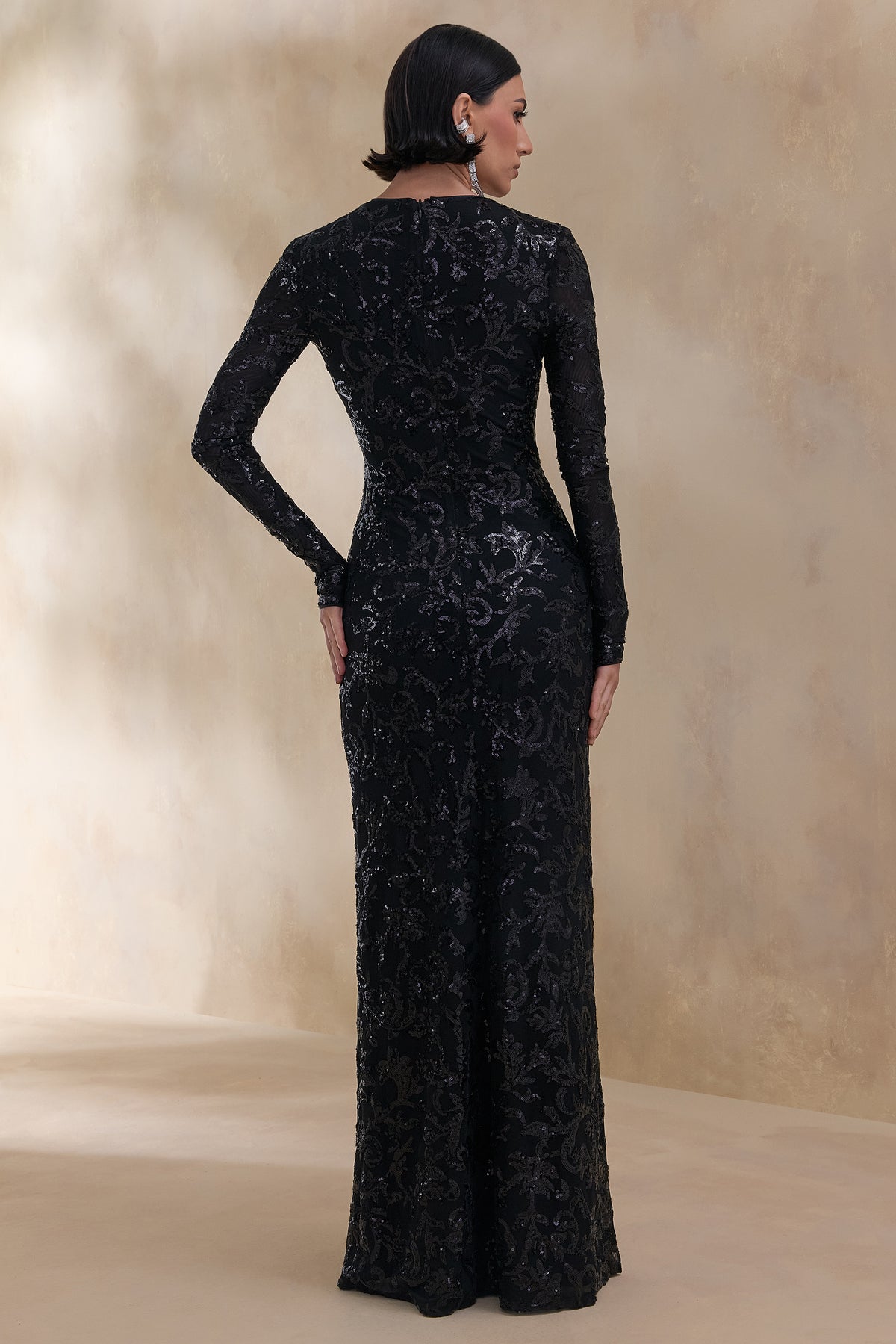 Stellar Black Embellished Lace High-Neck Maxi Dress With Long Sleeve Club L London - USA Stellar Black Embellished Lace High-Neck Maxi Dress With Long Sleeve Club L London - USA