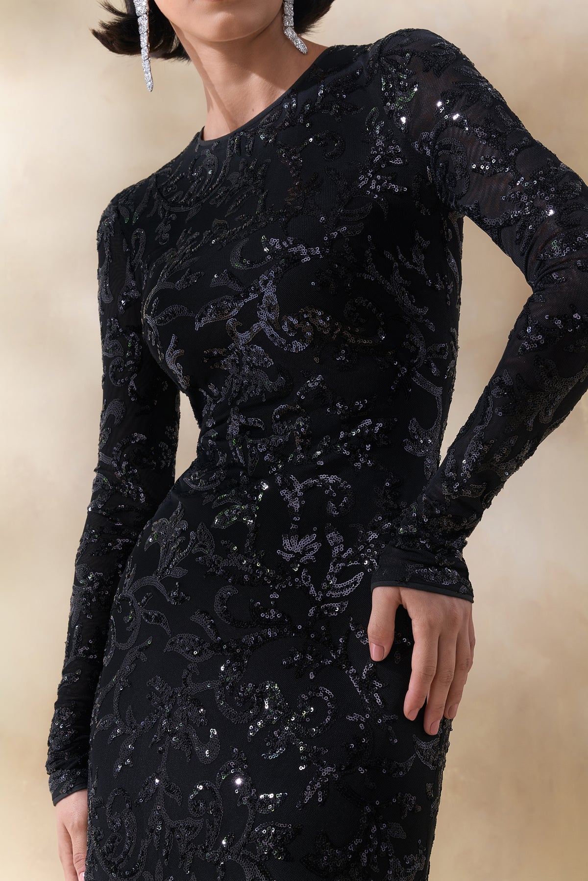 Stellar | Black Embellished Lace High-Neck Maxi Dress With Long Sleeves - UK 12 Black Stellar | Black Embellished Lace High-Neck Maxi Dress With Long Sleeves - UK 12 Black