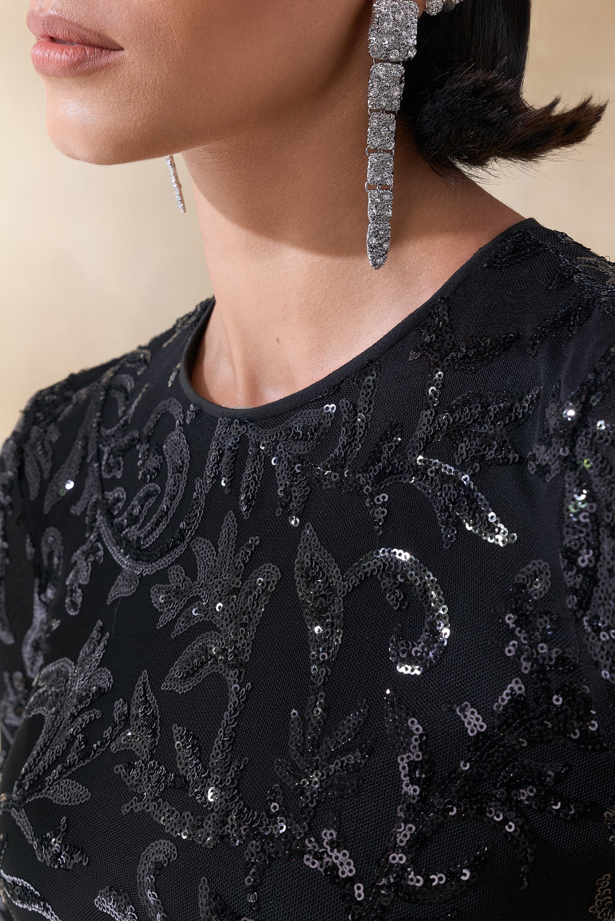 Stellar Black Embellished Lace High-Neck Maxi Dress With Long Sleeve Club L London - USA Stellar Black Embellished Lace High-Neck Maxi Dress With Long Sleeve Club L London - USA