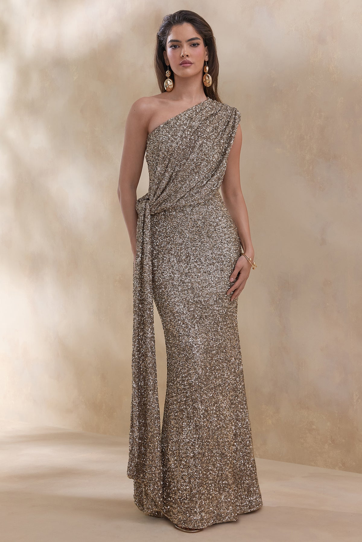 Liori | Champagne Sequin Asymmetric-Neck Maxi Dress With Sash - UK 8 Champagne Liori | Champagne Sequin Asymmetric-Neck Maxi Dress With Sash - UK 8 Champagne