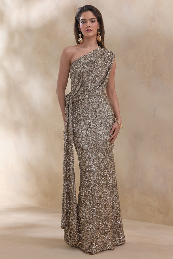 Liori | Champagne Sequin Asymmetric-Neck Maxi Dress With Sash - UK 8 Champagne Liori | Champagne Sequin Asymmetric-Neck Maxi Dress With Sash - UK 8 Champagne