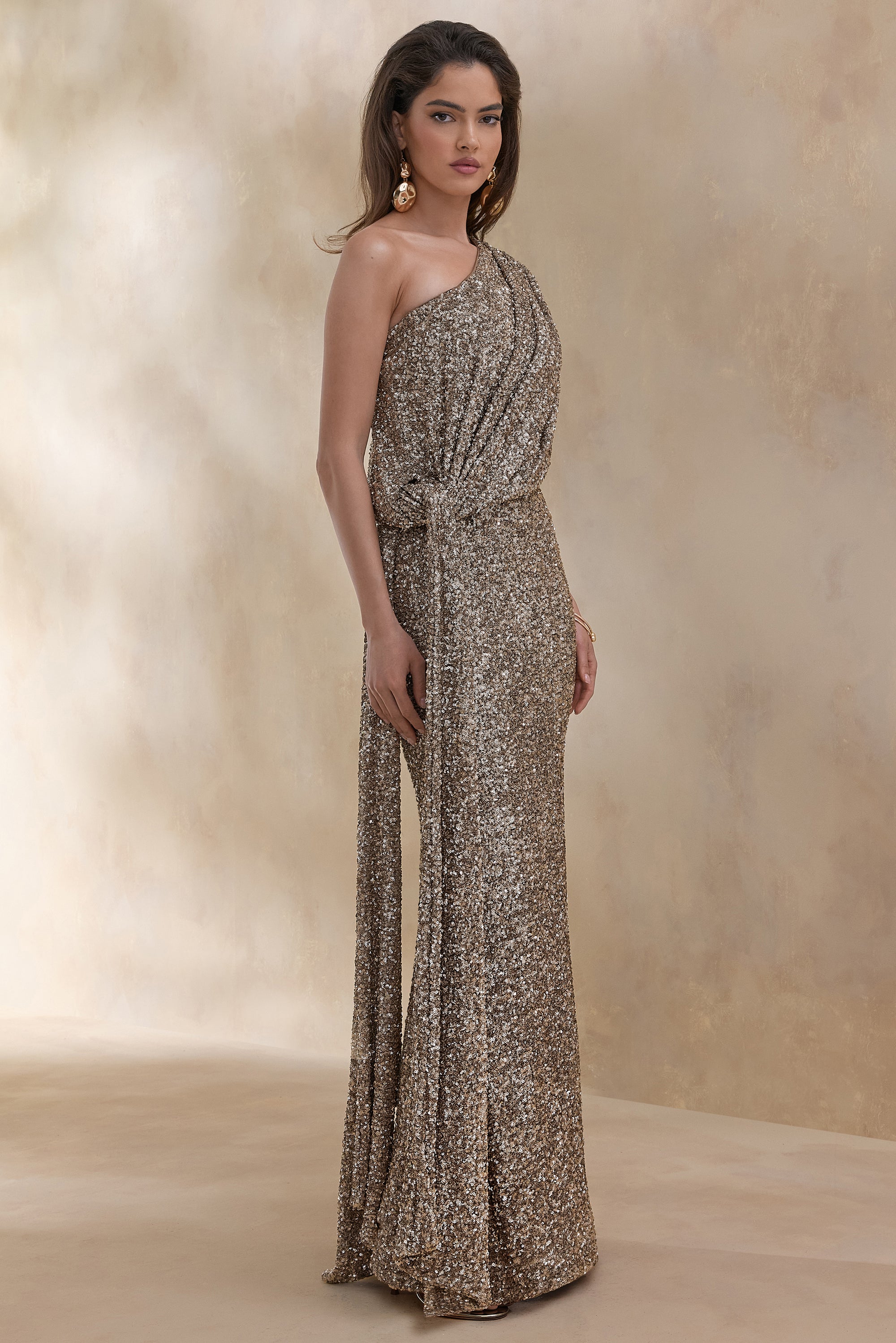 Liori | Champagne Sequin Asymmetric-Neck Maxi Dress With Sash – Club L London