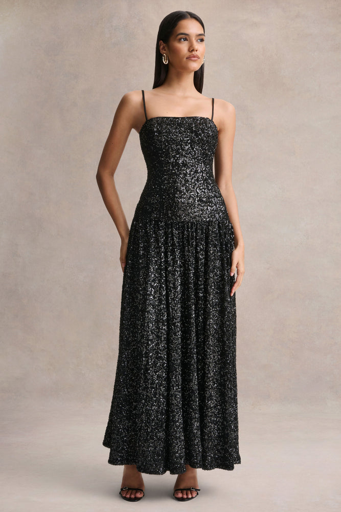 allora strapless mini dress Allora | Black Sequin Square-Neck Maxi Dress With Pleated Skirt