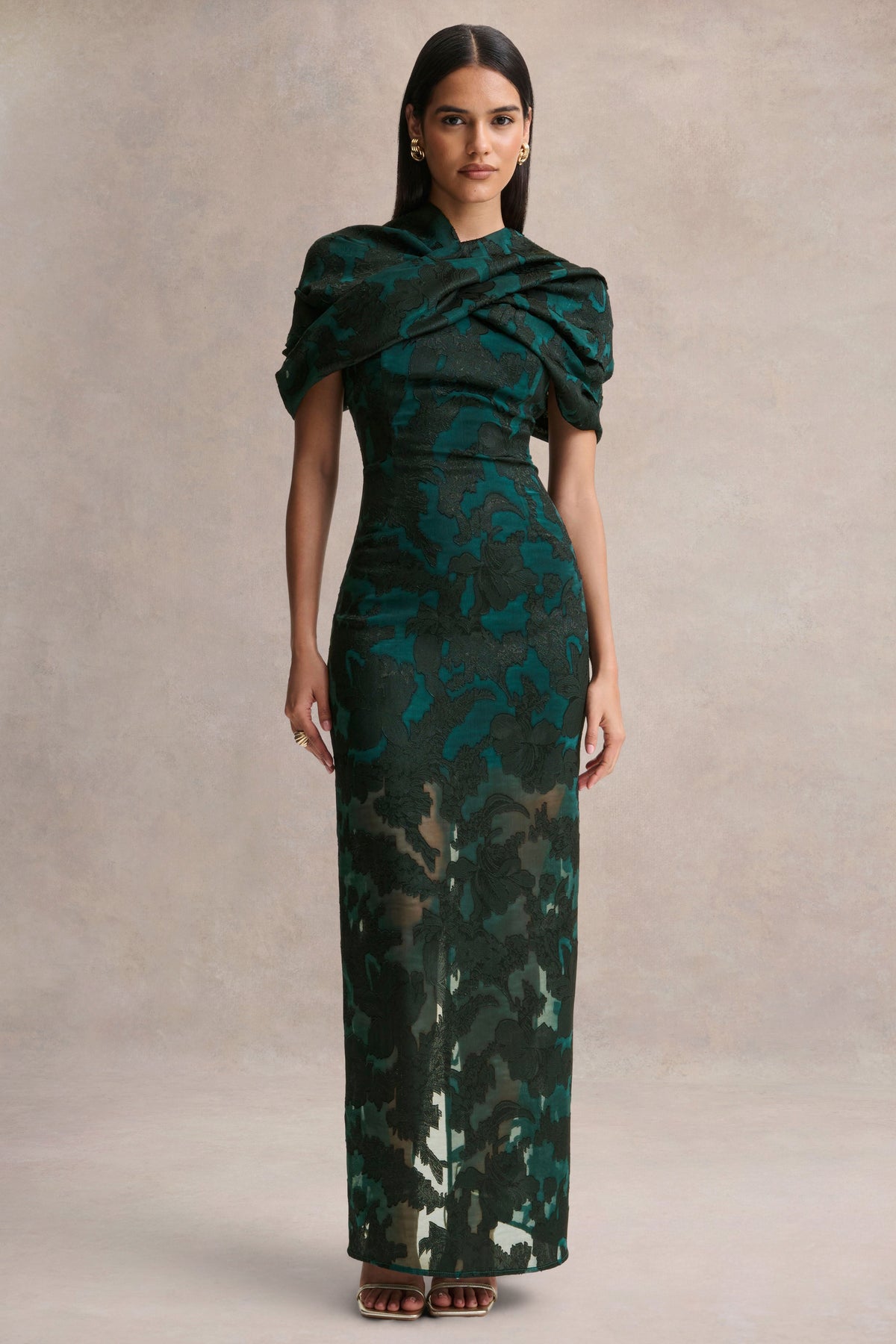 Hada Dark Green Satin Devore Square-Neck Maxi Dress With Removable T Club L London - USA Hada Dark Green Satin Devore Square-Neck Maxi Dress With Removable T Club L London - USA