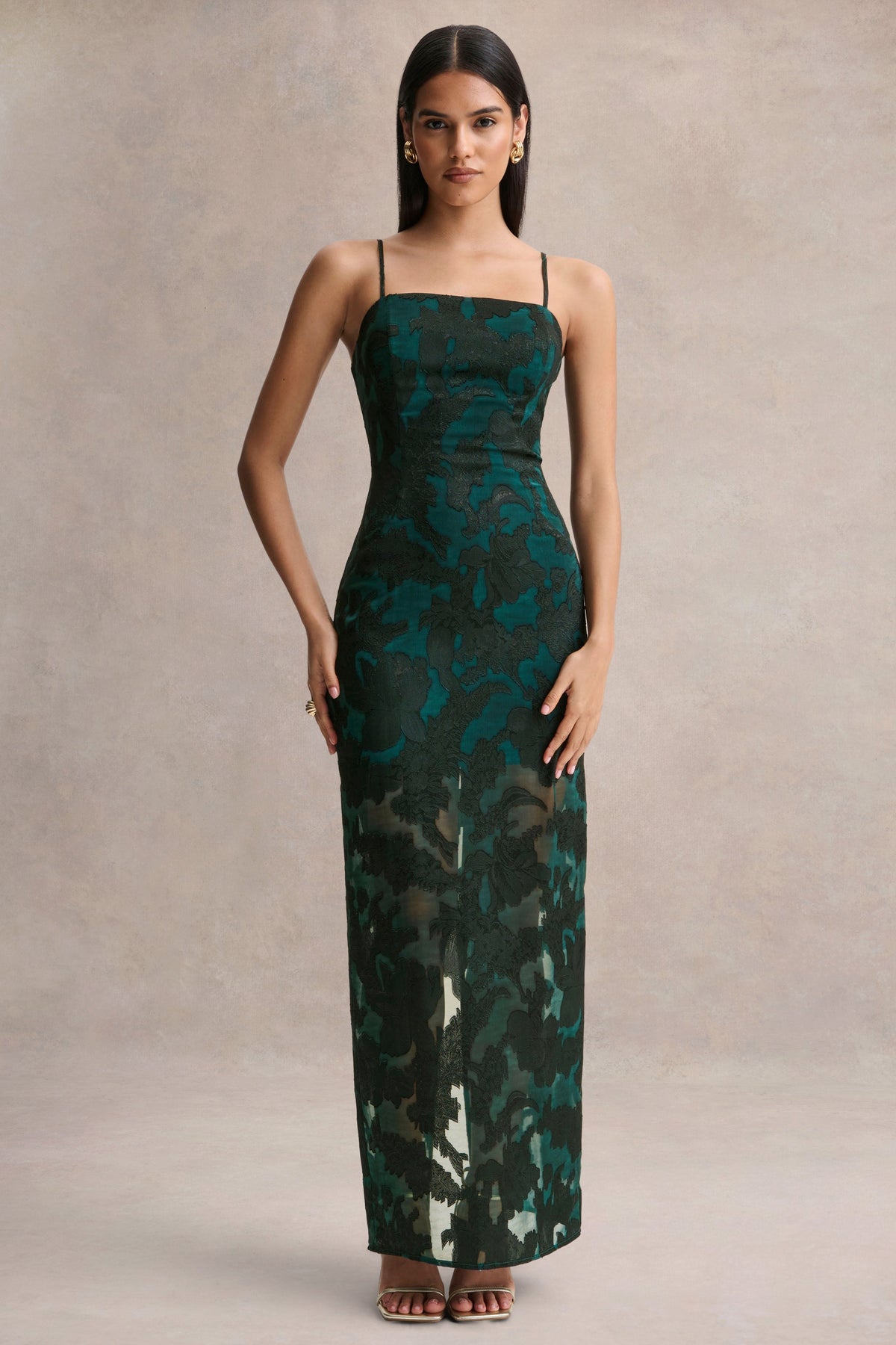 Hada Dark Green Satin Devore Square-Neck Maxi Dress With Removable T Club L London - USA Hada Dark Green Satin Devore Square-Neck Maxi Dress With Removable T Club L London - USA