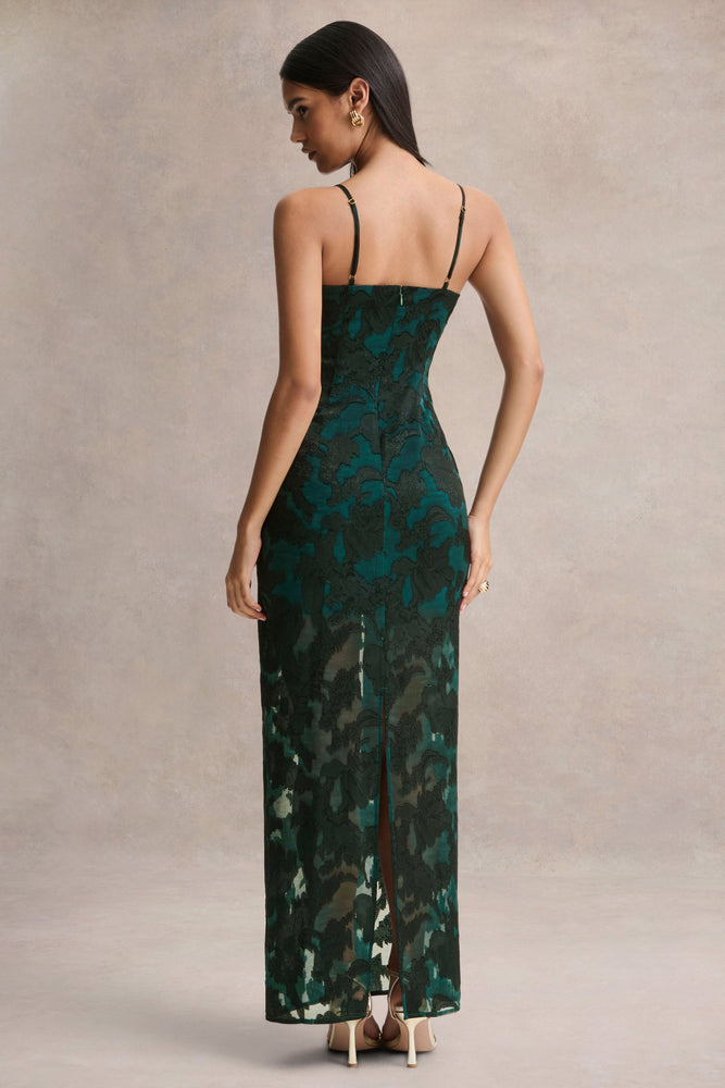 Hada Dark Green Satin Devore Square-Neck Maxi Dress With Removable T – Club  L London