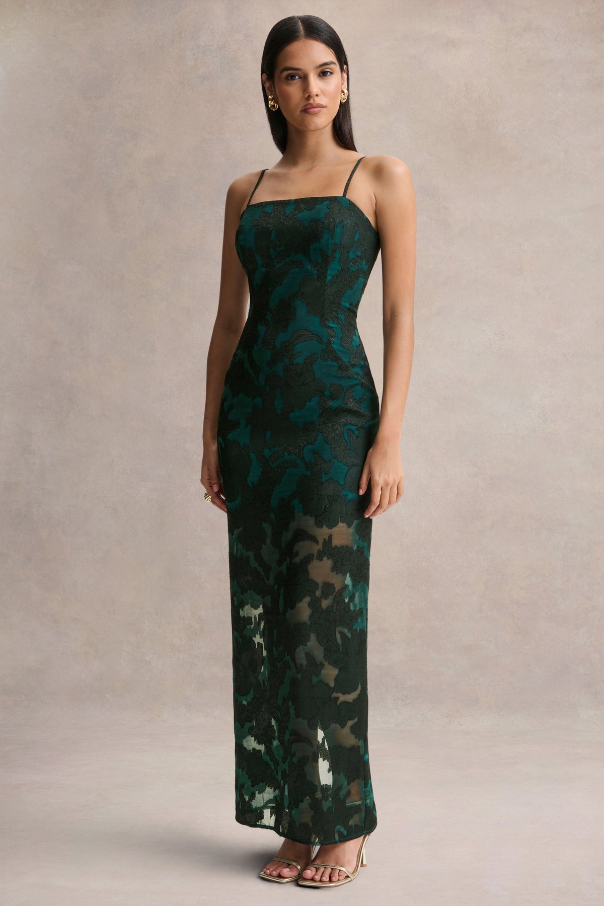 Hada Dark Green Satin Devore Square-Neck Maxi Dress With Removable T Club L London - USA Hada Dark Green Satin Devore Square-Neck Maxi Dress With Removable T Club L London - USA