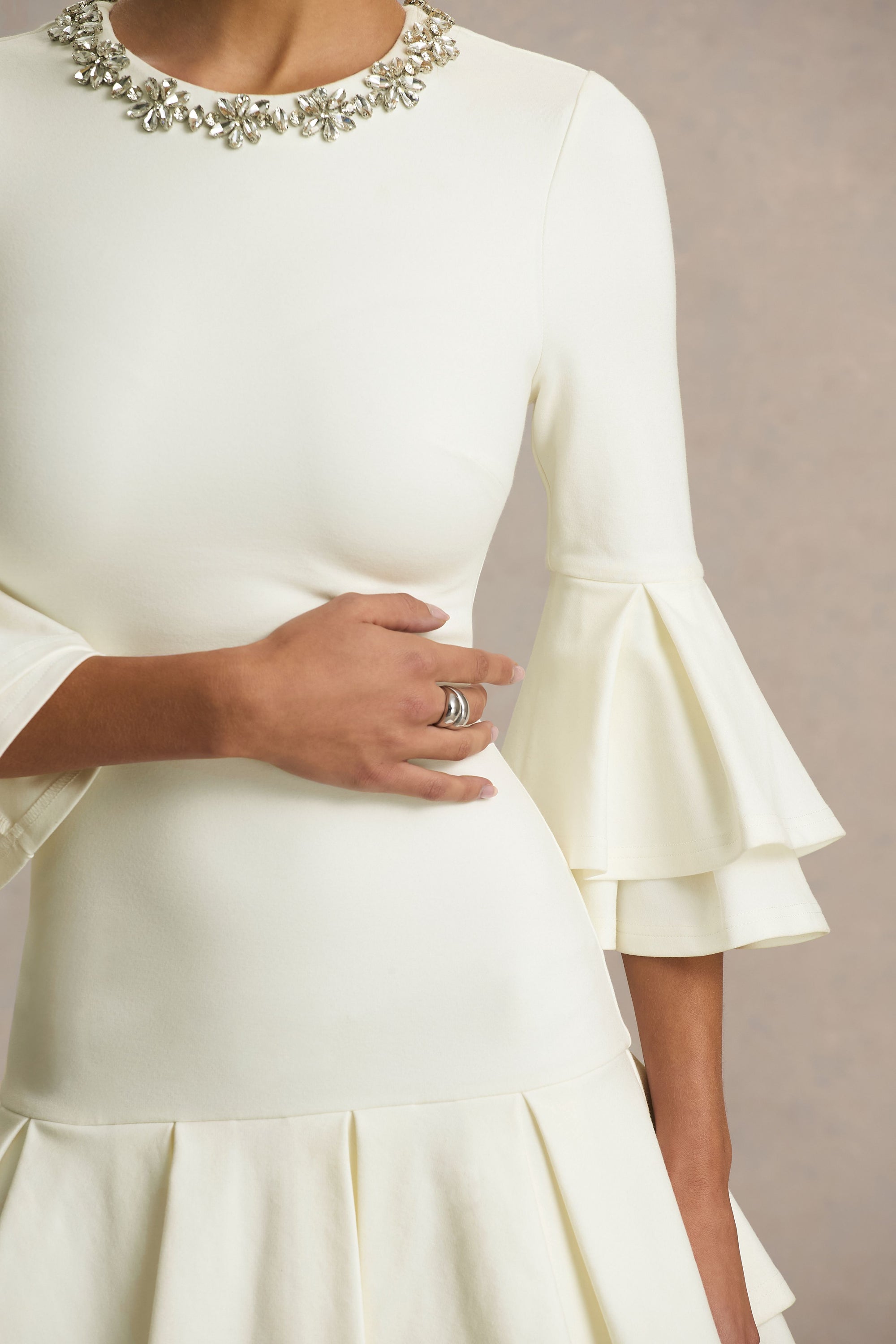 bell sleeve white mini dress Mirna | Cream Crew Neck Mini Dress With Bell Sleeves And Ruffled Detailing