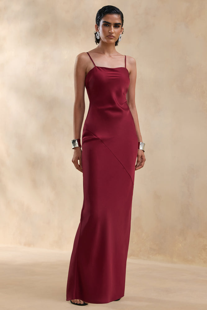 Yoli | Burgundy Satin Maxi Dress With Removable Twist-Cape - UK 10 berry