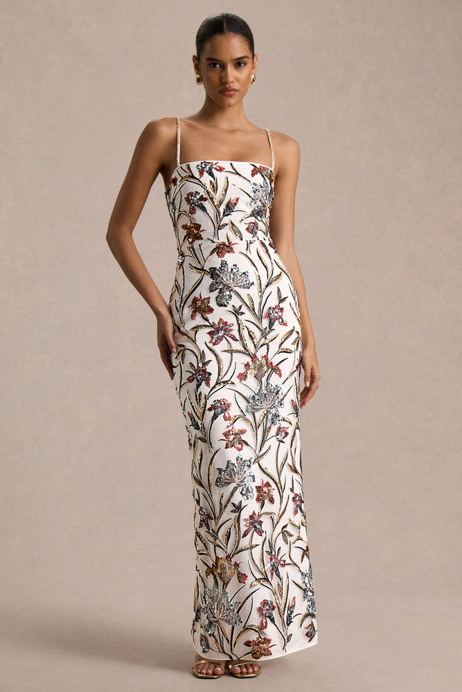 Kyle Cream Sequin Floral Embellished Square-Neck Maxi Dress Club L London - USA Kyle Cream Sequin Floral Embellished Square-Neck Maxi Dress Club L London - USA