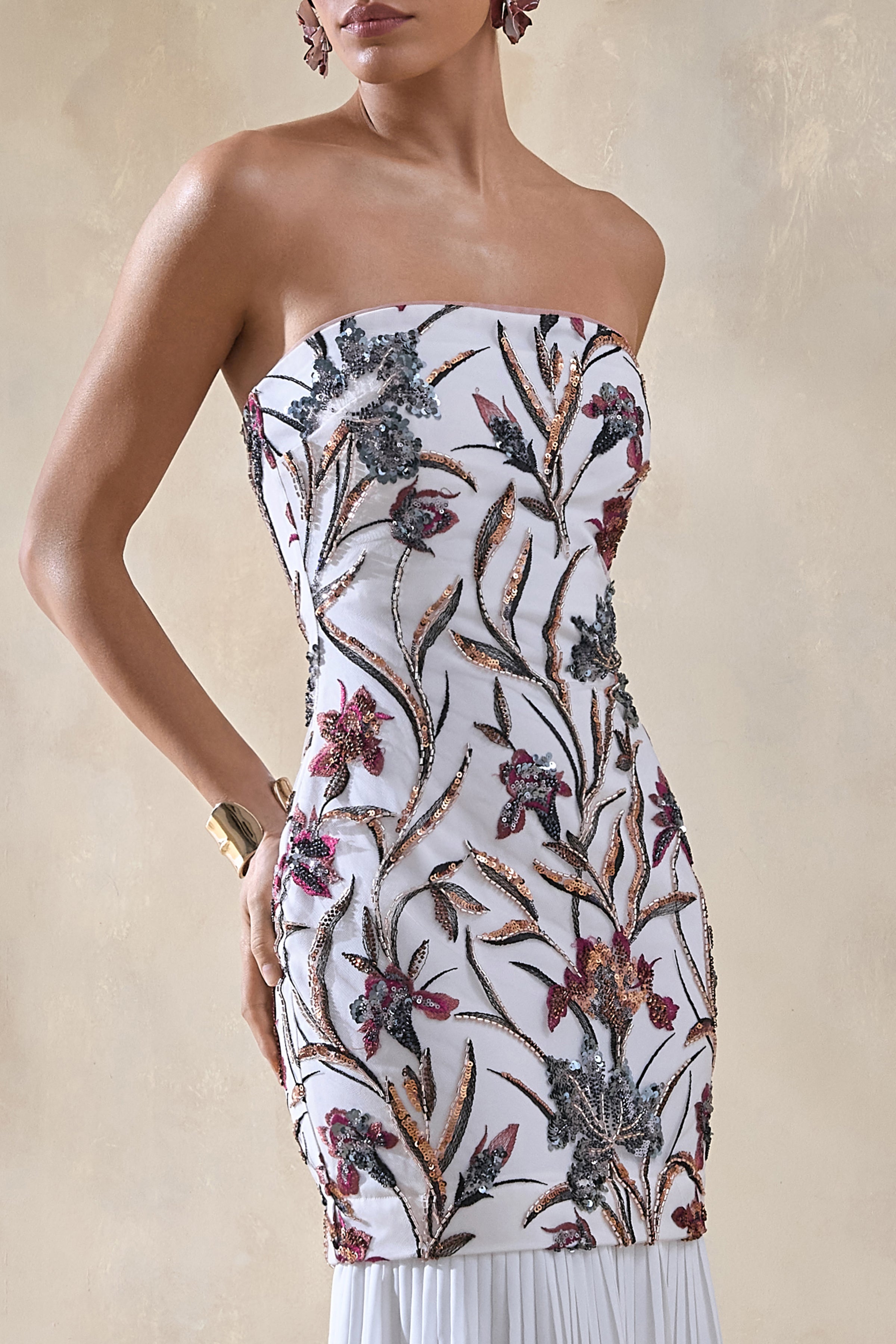 Denise | Cream Sequin Floral Bandeau-Neck Embellished Maxi Dress