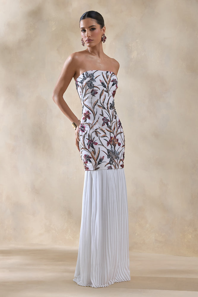 denise lace maxi dress - black product info and reviews Denise | Cream Sequin Floral Bandeau-Neck Embellished Maxi Dress With Drop-Waist And Mesh Skirt