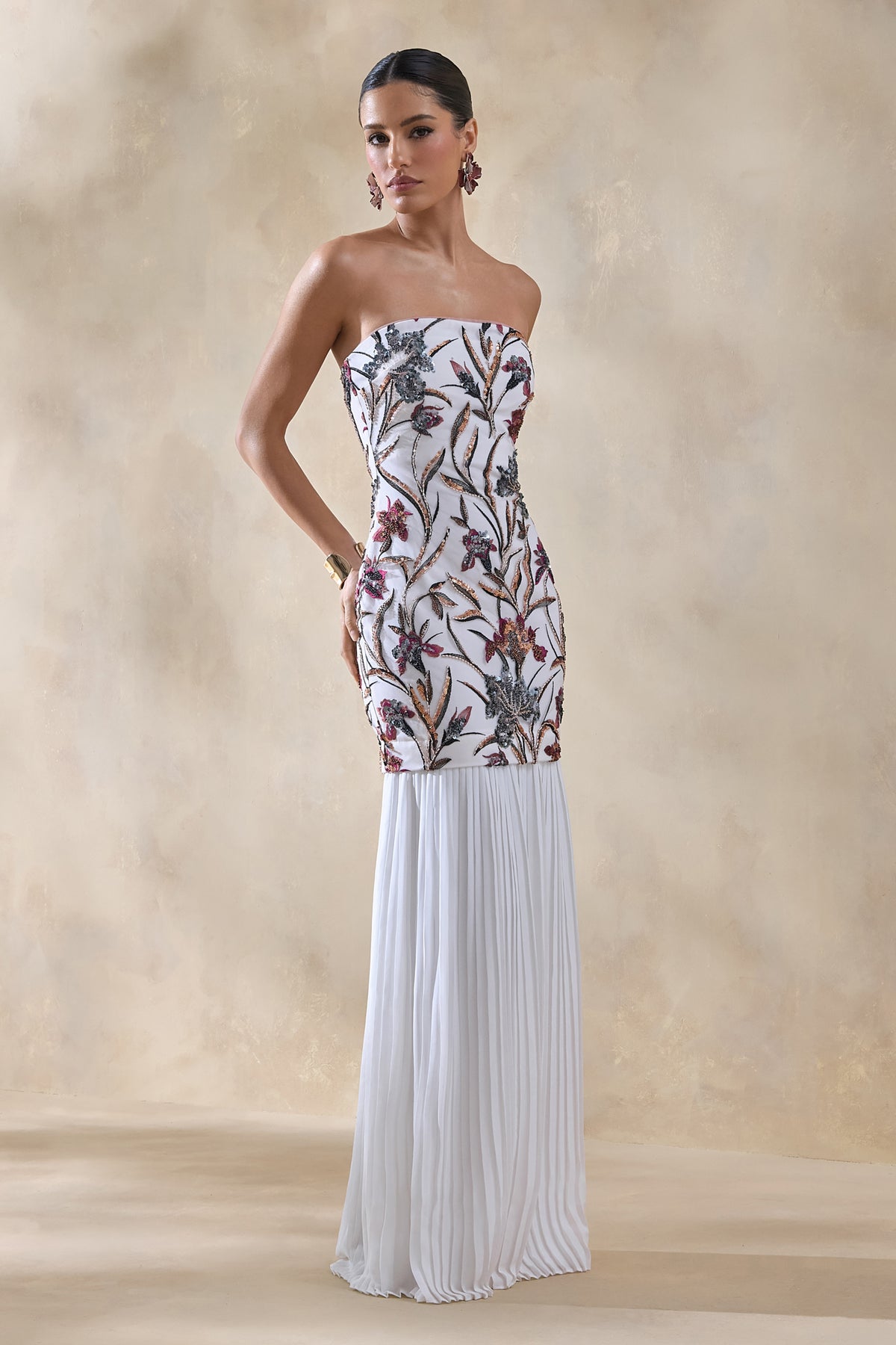 Denise | Cream Sequin Floral Bandeau-Neck Embellished Maxi Dress With Drop-Waist And Mesh Skirt - UK 12 ecru based Sequin Denise | Cream Sequin Floral Bandeau-Neck Embellished Maxi Dress With Drop-Waist And Mesh Skirt - UK 12 ecru based Sequin
