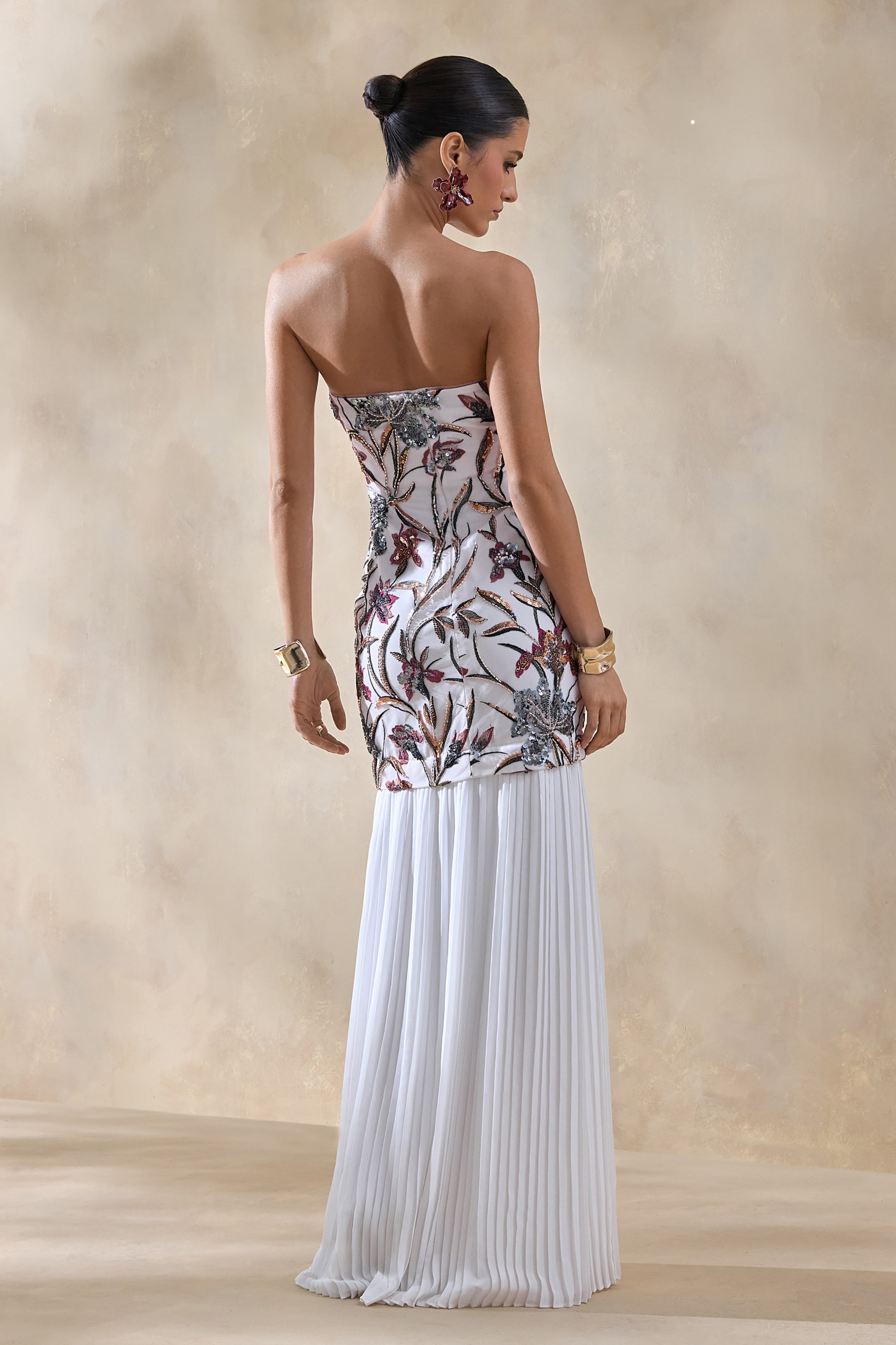 floral printed sequin mesh twist front bandeau a line dress City Studios Women's Strapless Sequin Dress - Natural