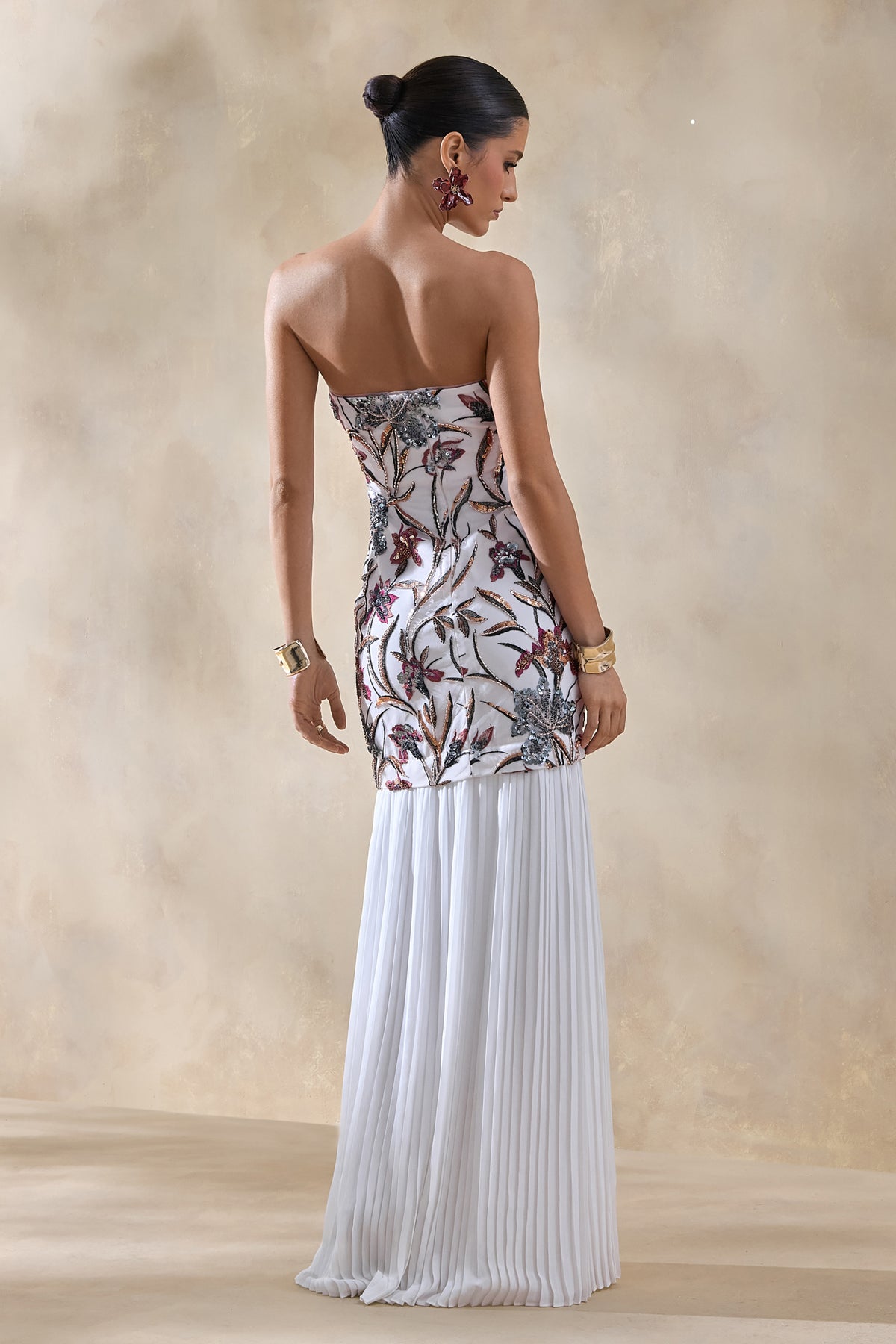 Denise | Cream Sequin Floral Bandeau-Neck Embellished Maxi Dress With Drop-Waist And Mesh Skirt - UK 12 ecru based Sequin Denise | Cream Sequin Floral Bandeau-Neck Embellished Maxi Dress With Drop-Waist And Mesh Skirt - UK 12 ecru based Sequin