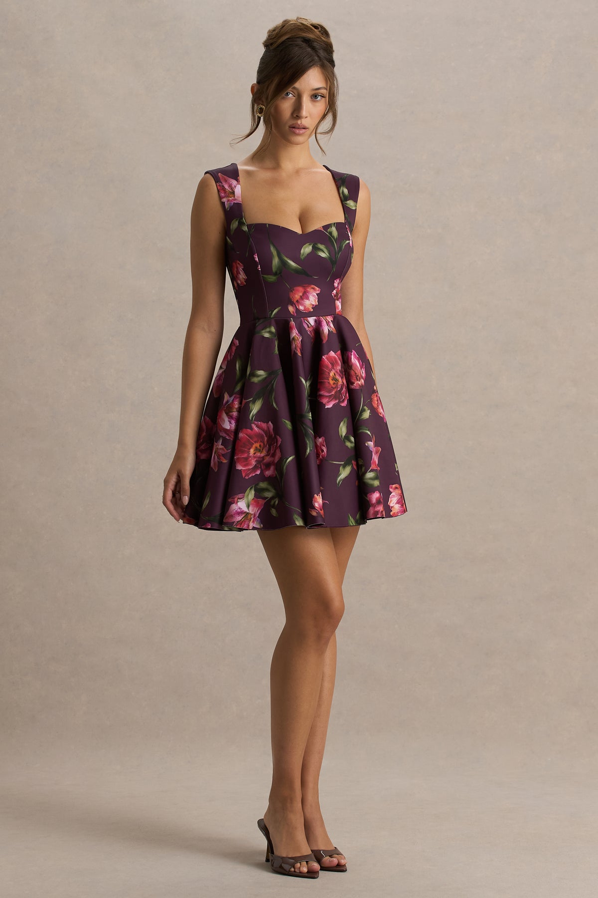 Magic Burgundy Floral Print Sweetheart-Neck Mini Dress. Club L London - USA Magic Burgundy Floral Print Sweetheart-Neck Mini Dress. Club L London - USA