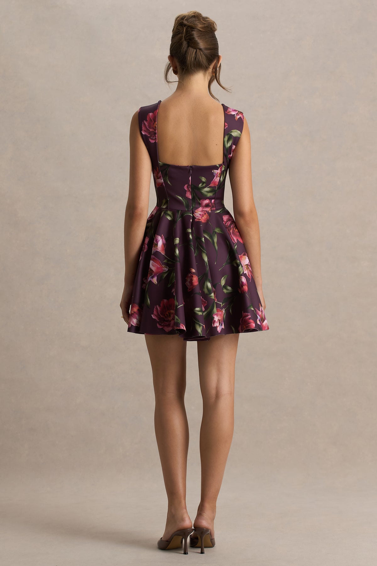 Magic Burgundy Floral Print Sweetheart-Neck Mini Dress. Club L London - USA Magic Burgundy Floral Print Sweetheart-Neck Mini Dress. Club L London - USA