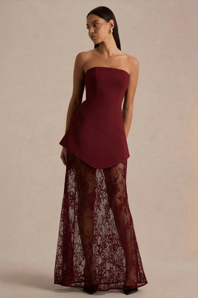 burgundy lace dress Brandi Burgundy Bandeau Maxi Dress With Lace Skirt – Club L London