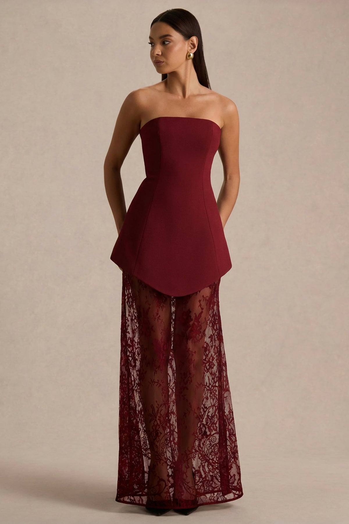 Brandi Burgundy Bandeau Maxi Dress With Lace Skirt Club L London - USA Brandi Burgundy Bandeau Maxi Dress With Lace Skirt Club L London - USA