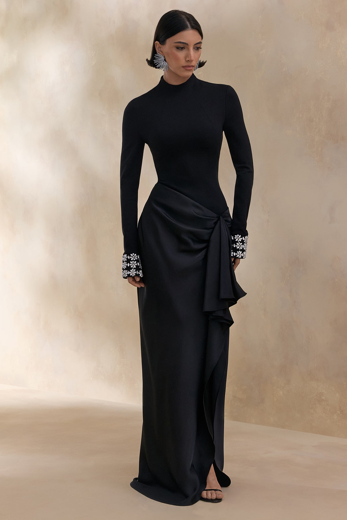 Starred | Black High-Neck Maxi Dress With Satin Wrap-Skirt And Embellished Cuffs - UK 12 Black Starred | Black High-Neck Maxi Dress With Satin Wrap-Skirt And Embellished Cuffs - UK 12 Black