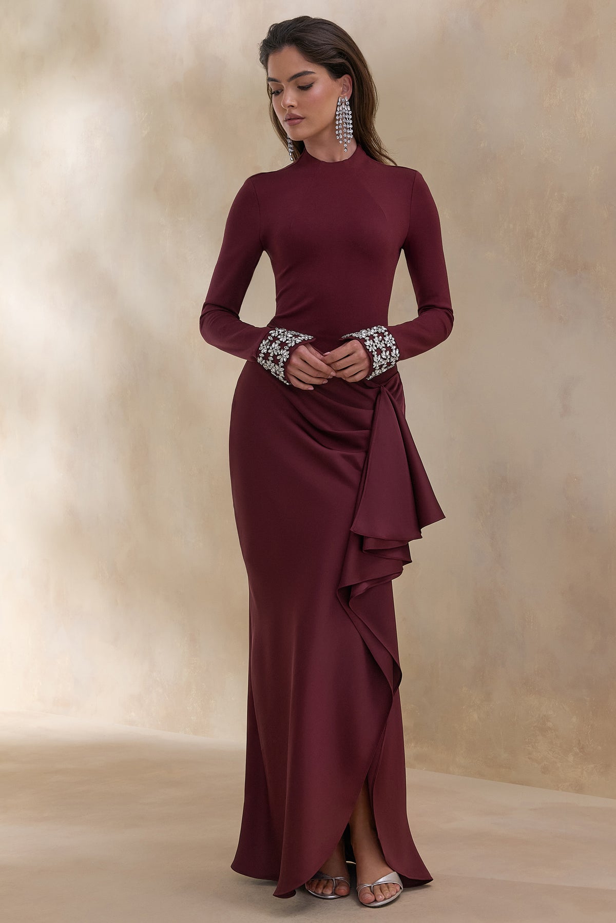 Starred Burgundy Crew-Neck Maxi Dress With Drop-Waist And Satin Wrap Club L London - USA Starred Burgundy Crew-Neck Maxi Dress With Drop-Waist And Satin Wrap Club L London - USA