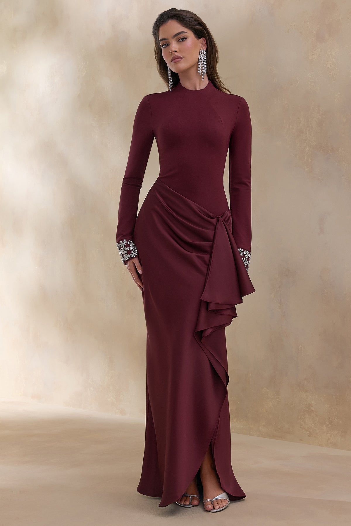 Starred | Burgundy Crew-Neck Maxi Dress With Drop-Waist And Satin Wrap-Skirt - UK 10 Burgundy Starred | Burgundy Crew-Neck Maxi Dress With Drop-Waist And Satin Wrap-Skirt - UK 10 Burgundy