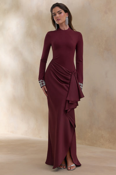 petite burgundy satin wrap detail maxi dress BURGUNDY SATIN WRAP DETAIL MAXI DRESS, size: 0, -brand