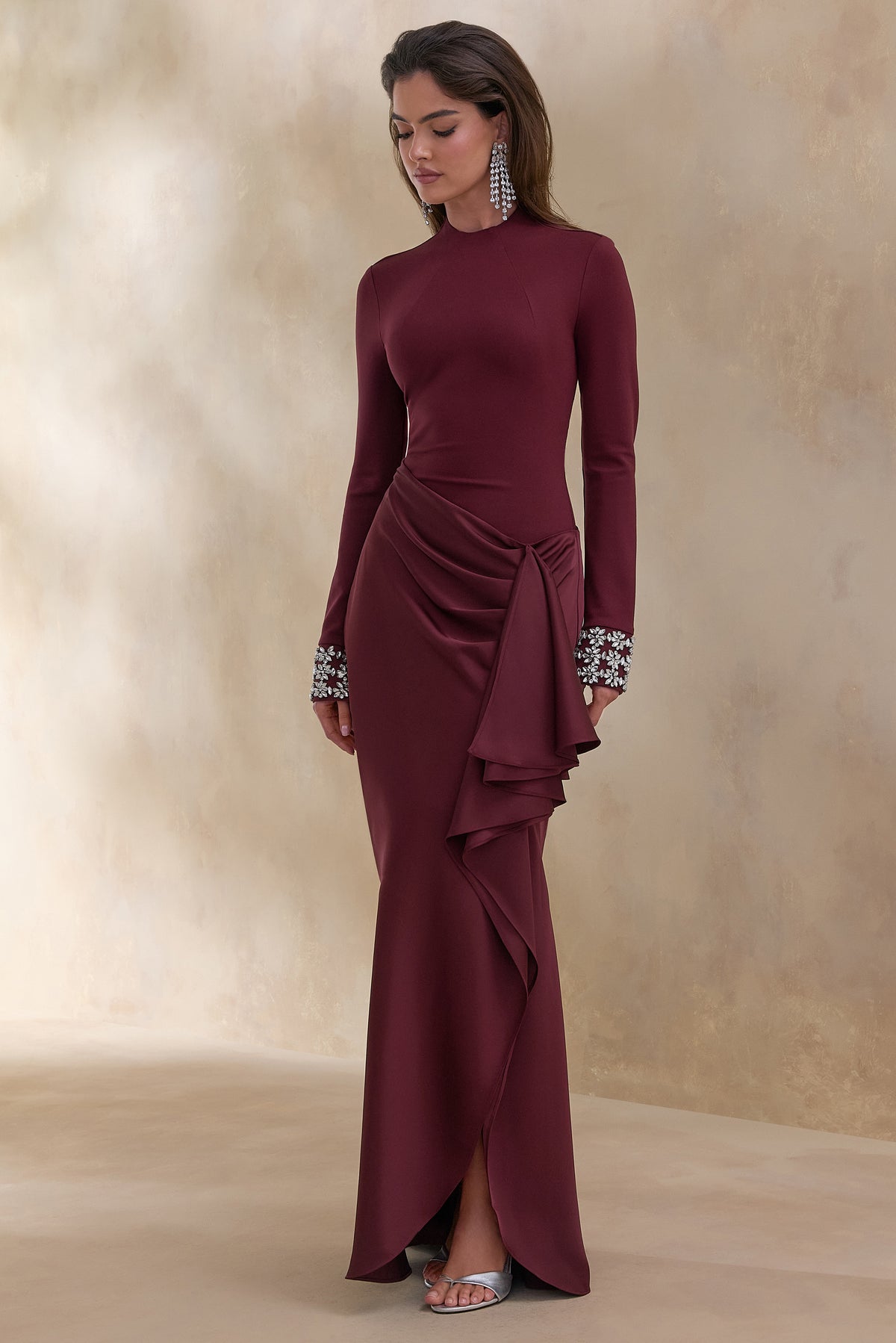 Starred | Burgundy Crew-Neck Maxi Dress With Drop-Waist And Satin Wrap-Skirt - UK 16 Burgundy Starred | Burgundy Crew-Neck Maxi Dress With Drop-Waist And Satin Wrap-Skirt - UK 16 Burgundy