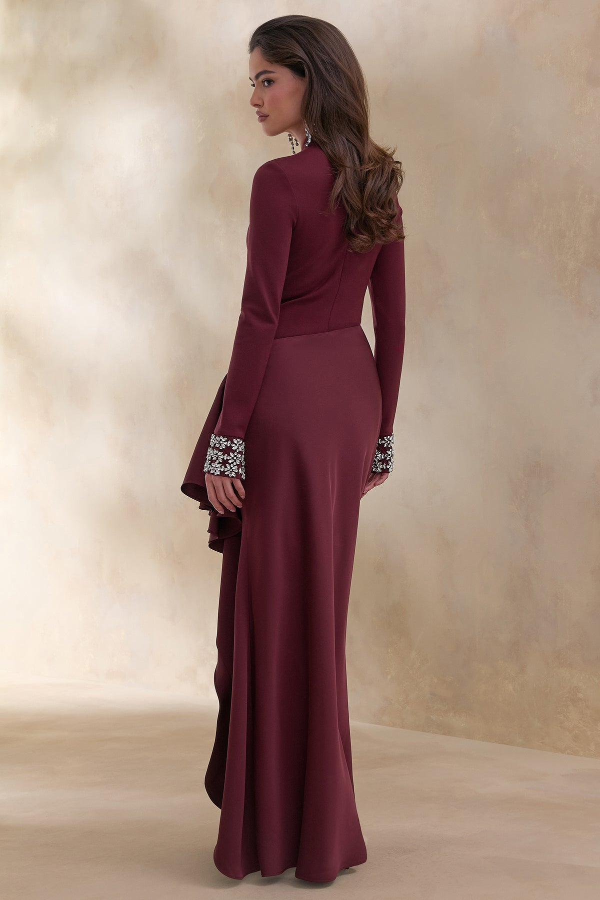 Starred | Burgundy Crew-Neck Maxi Dress With Drop-Waist And Satin Wrap-Skirt - UK 10 Burgundy Starred | Burgundy Crew-Neck Maxi Dress With Drop-Waist And Satin Wrap-Skirt - UK 10 Burgundy