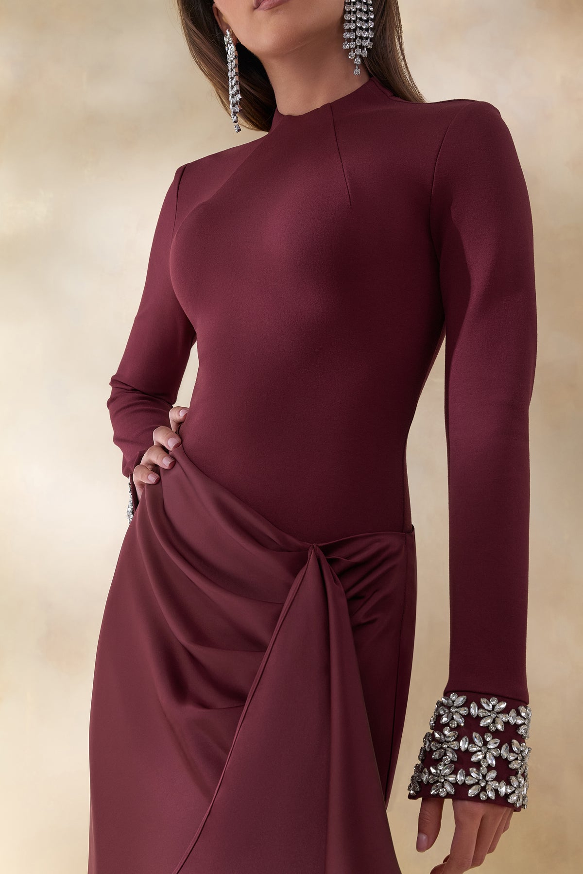 Starred | Burgundy Crew-Neck Maxi Dress With Drop-Waist And Satin Wrap-Skirt - UK 10 Burgundy Starred | Burgundy Crew-Neck Maxi Dress With Drop-Waist And Satin Wrap-Skirt - UK 10 Burgundy