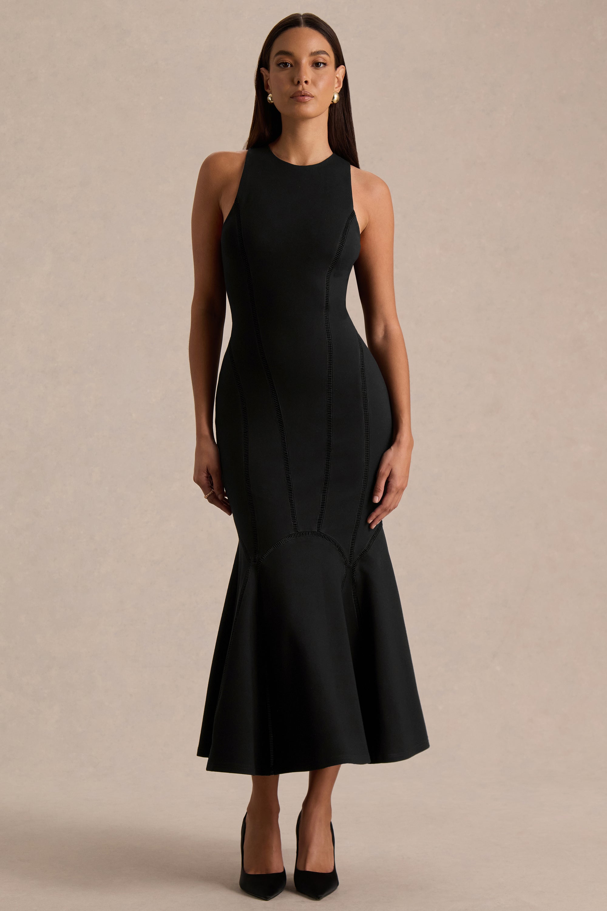 Sally | Black Crew-Neck Midi Dress With Drop Waist