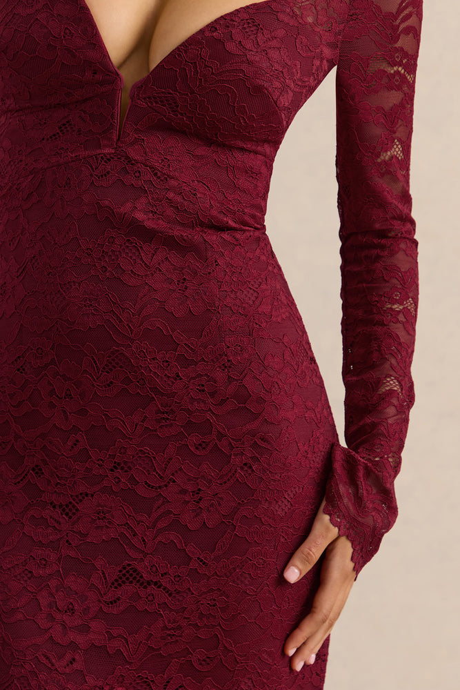 Camilly | Burgundy Lace Plunge-Neck Mermaid Midi Dress - UK 6 Burgundy Camilly | Burgundy Lace Plunge-Neck Mermaid Midi Dress - UK 6 Burgundy