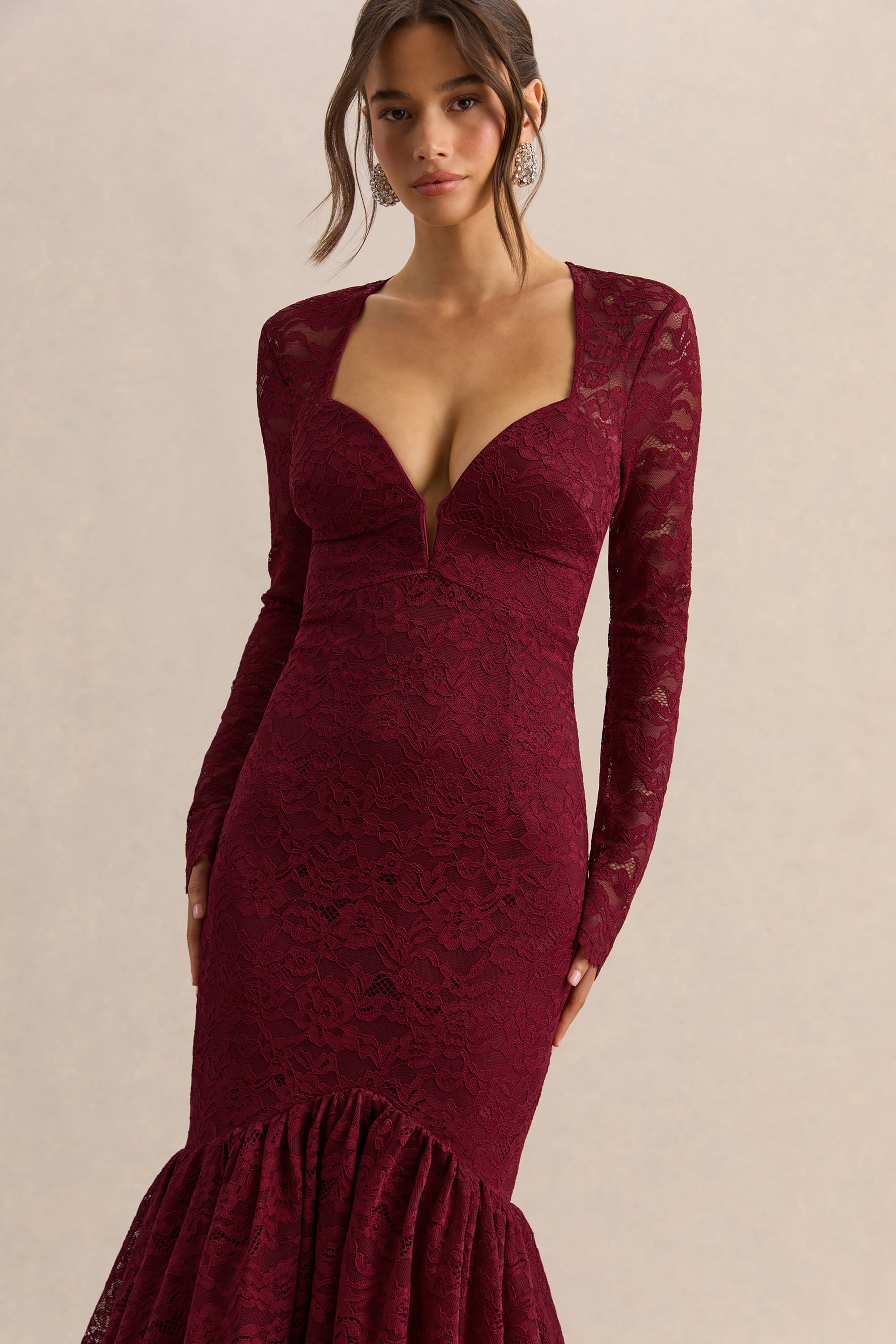 red lace plunge dress Sultry Scalloped Trim Lace Plunge Dress
