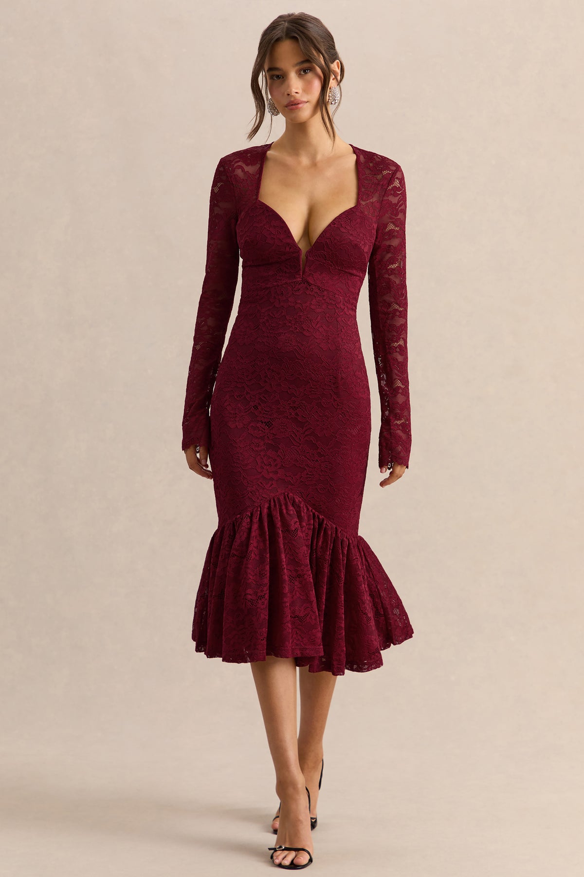 Camilly Burgundy Lace Plunge-Neck Mermaid Midi Dress Club L London - USA Camilly Burgundy Lace Plunge-Neck Mermaid Midi Dress Club L London - USA