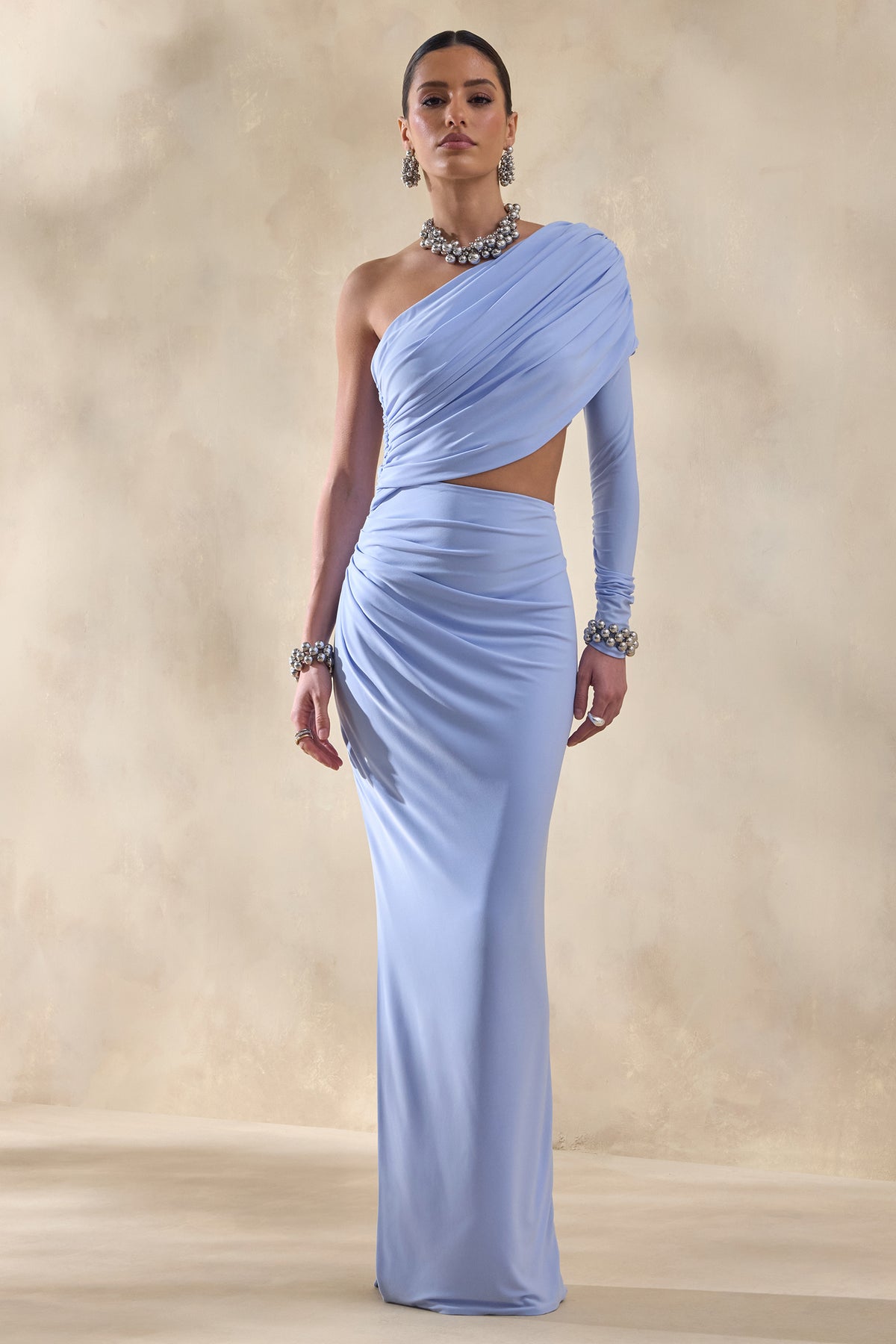 Malika | Powder BLUE Asymmetric-Neck Maxi Dress With Body-Cut Out And Gathered Detailing