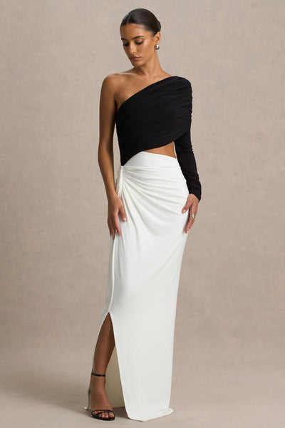 malika maxi dress | Black And White Asymmetric-Neck With Body-Cut Out And Gathered Detailing Low back Party Daytime Holiday Dresses resort style clothing Size:UK Size 14